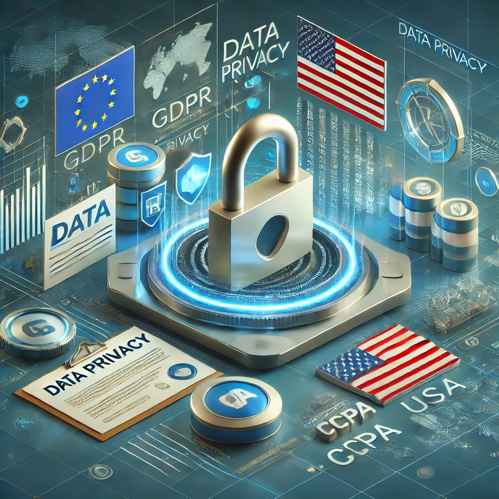DALL·E 2025 02 11 23.17.24 A modern conceptual illustration representing data privacy with references to GDPR and CCPA. The image features a secure digital environment with icon